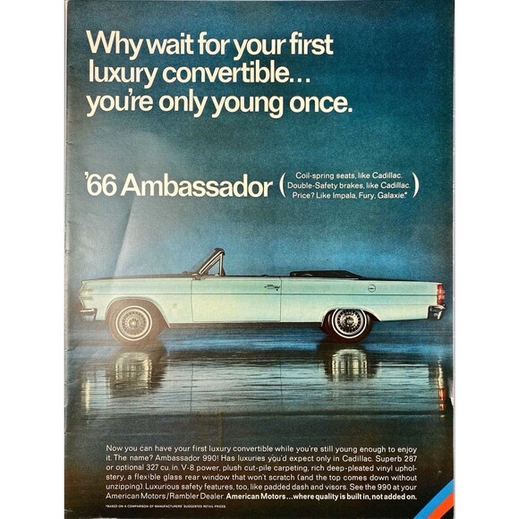 American Motors Ambassador 990 Convertible "Where Quality is Built In" Ad 1966 - Picture 1 of 3